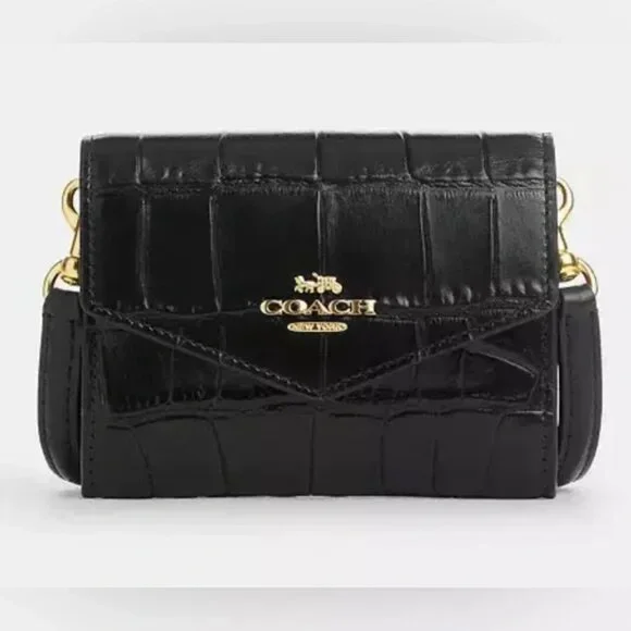 Coach Mini Envelope Wallet Croc Embossed Leather with Strap in Black NWT - Picture 1 of 4